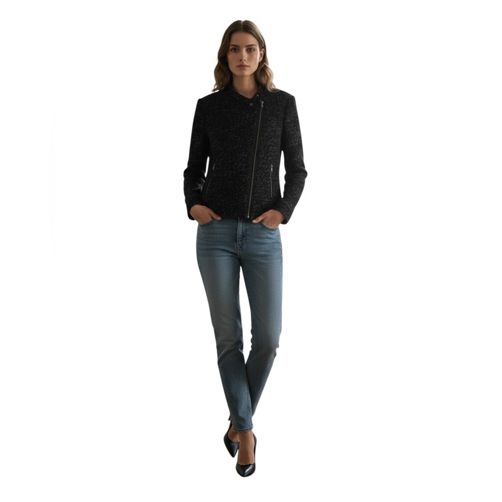 Gap Tweed Wool Blend Asymmetrical Zip Moto Jacket in Black/White Size M